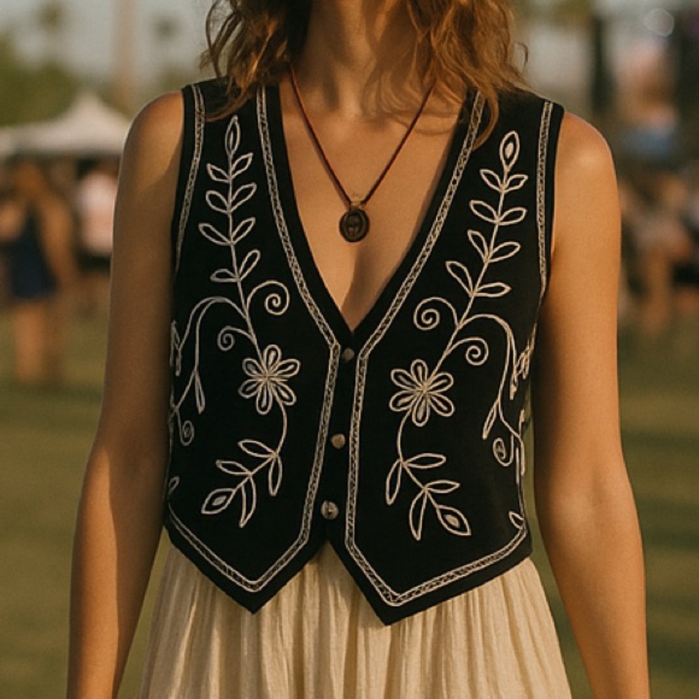 Agapo Collection Vintage Genuine Leather Black & Cream Floral Swirl Vest 🖤🕊️